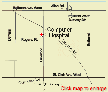 Computer Hospital is located at Oakwood Ave. and Rogers Rd. in cenral Toronto